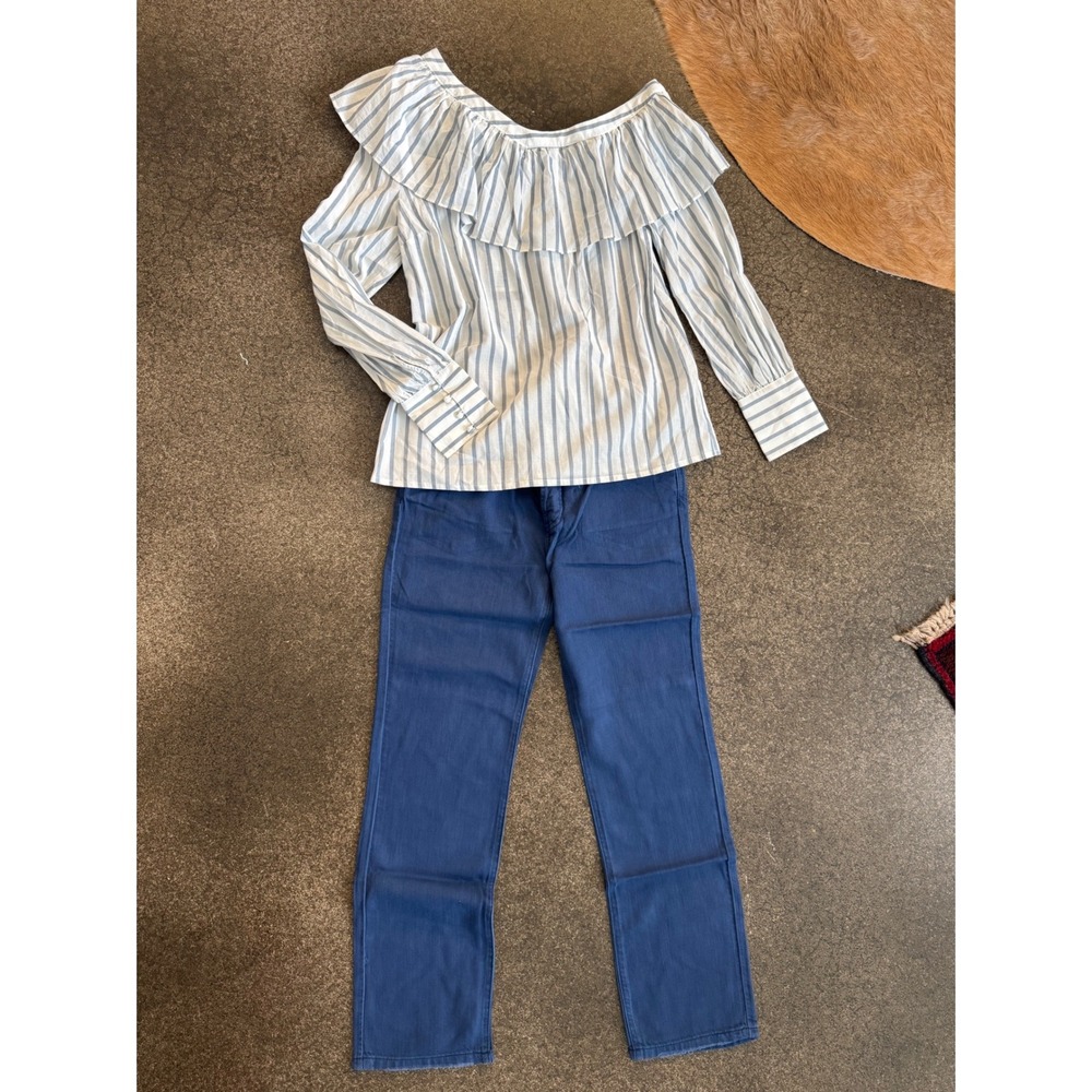 PAIGE Halsey Blouse Blue Banker Stripe Ruffle One Shoulder Long Sleeve Blouse
